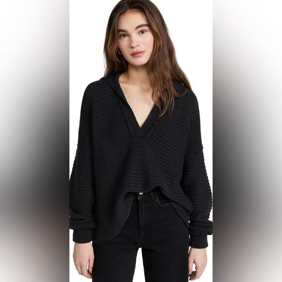 Free People Sweaters - FREE PEOPLE Marlie Pullover Thick Black Sweater Polo Collared Sweater Size L
